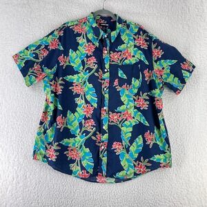 Lands' End Blue Tropical Print Button-Up Casual Shirt Mens‎ Short Sleeve Size XL
